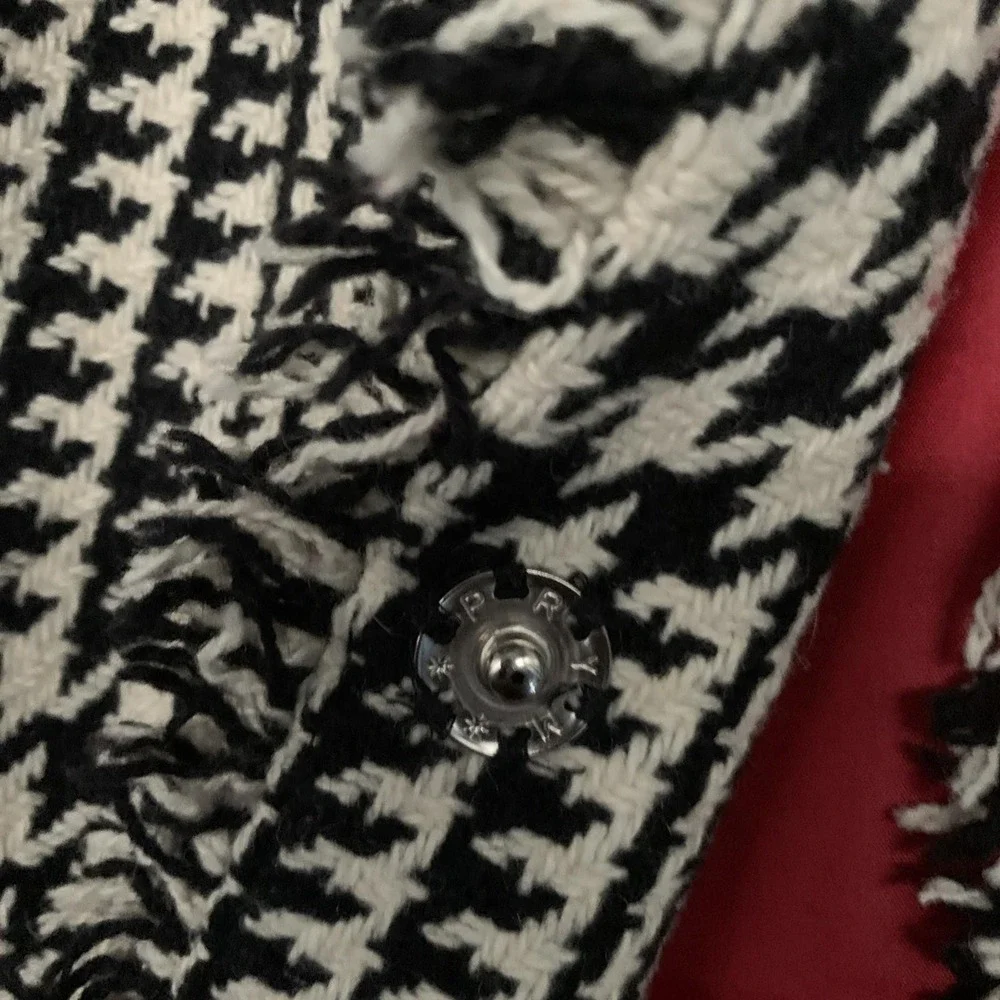 VTG Harve Benard Black White Houndstooth Coat Fringe Front Wool Holiday Money 14 - Picture 11 of 13